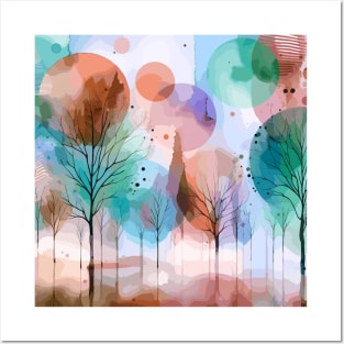 Colorful Sky Blue Pastel Brown Abstract Trees Posters and Art